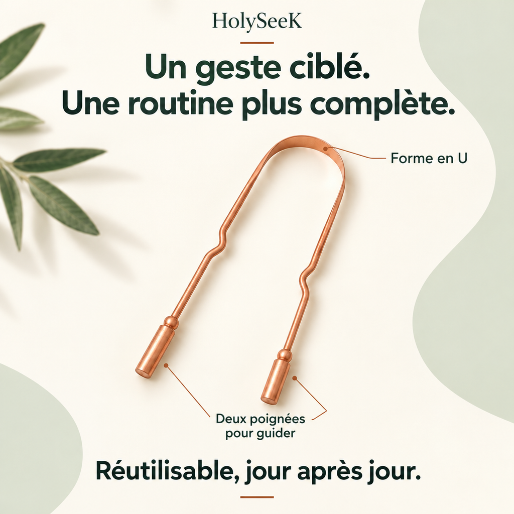 Gratte-langue HolySeeK : forme en U, deux poignées pour guider le geste, réutilisable. Visuel explicatif illustratif.