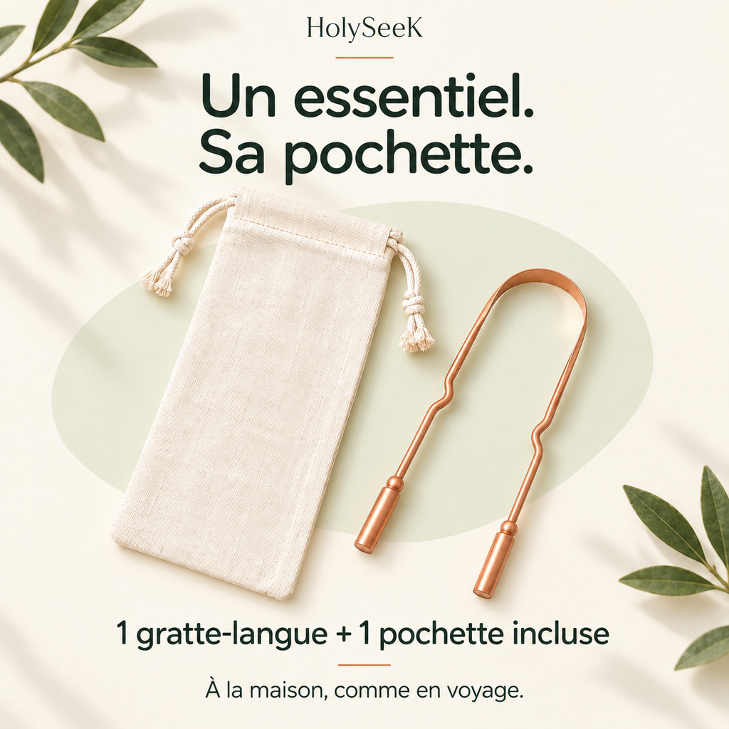 HolySeeK Solo : un gratte-langue et une pochette incluse, à la maison comme en voyage. Visuel illustratif.