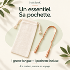 HolySeeK Solo : un gratte-langue et une pochette incluse, à la maison comme en voyage. Visuel illustratif.