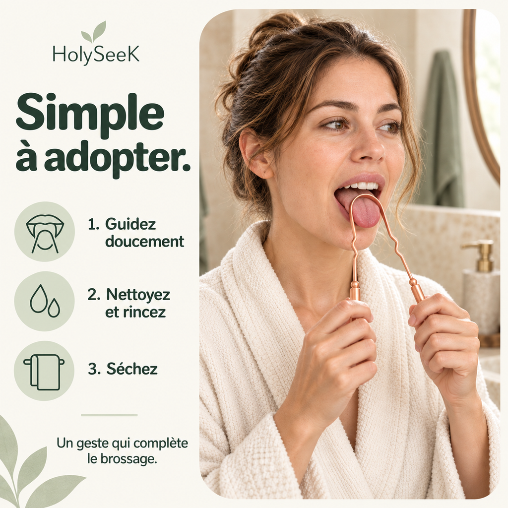 Utilisation HolySeeK : guider doucement, nettoyer et rincer, puis sécher. Mise en scène illustrative générée.
