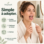 Utilisation HolySeeK : guider doucement, nettoyer et rincer, puis sécher. Mise en scène illustrative générée.